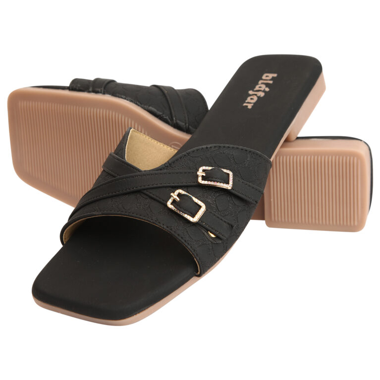 Black Blafar Luxe Buckle Comfort Flat Sandals